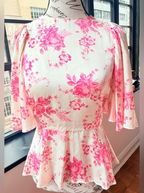 Tops - Les Rêveries Pink Floral Open Back Peplum Blouse Romantic Coquette 100% silk